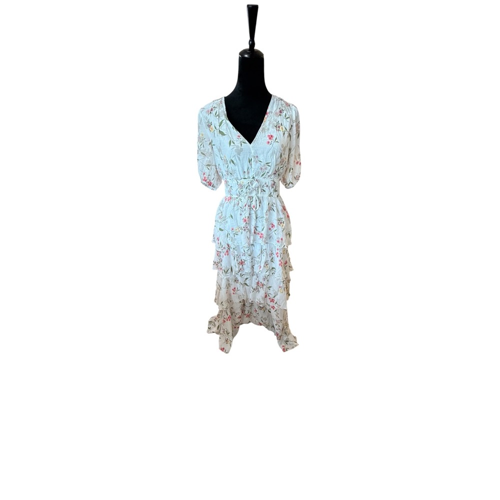 J GEE Floral Tiered Ruffle Midi Dress White Pink V-Neck Open Back Large